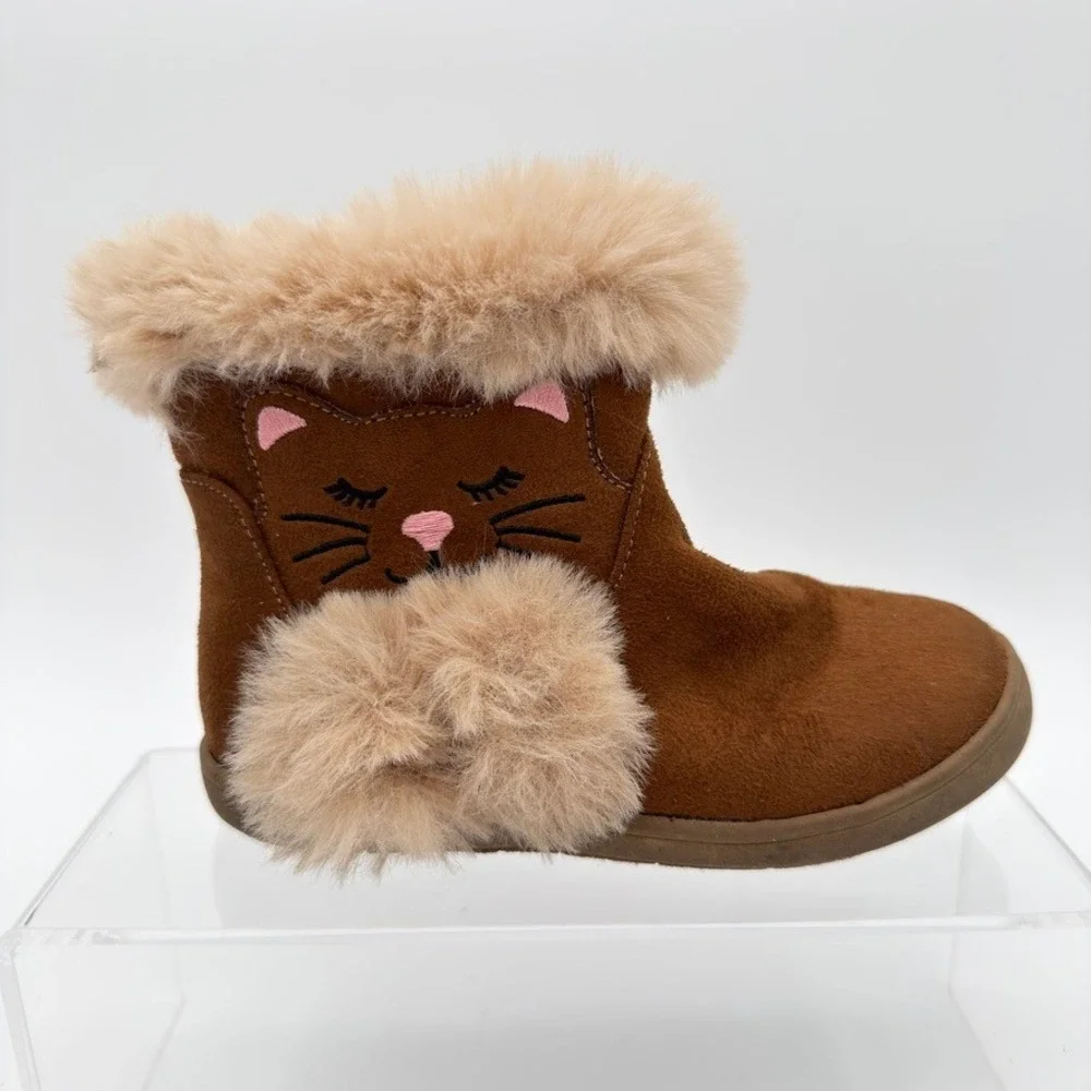Celia Lil Kitty Kids Brown Faux Fur Cat Pom Pom Boots Size 9M